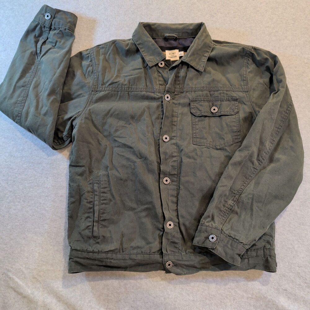 Flint and Tinder Waxed Trucker Jacket Mens L Olive Green Flannel Lined USA Made
